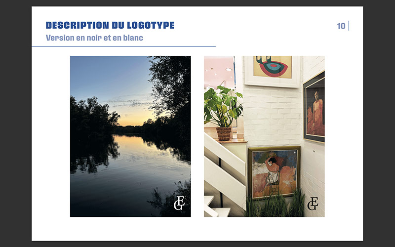 Présentation du logotype « EG » en noir et blanc, appliqué sur une photo de paysage naturel (à gauche) et une scène d’intérieur avec des œuvres d’art (à droite).