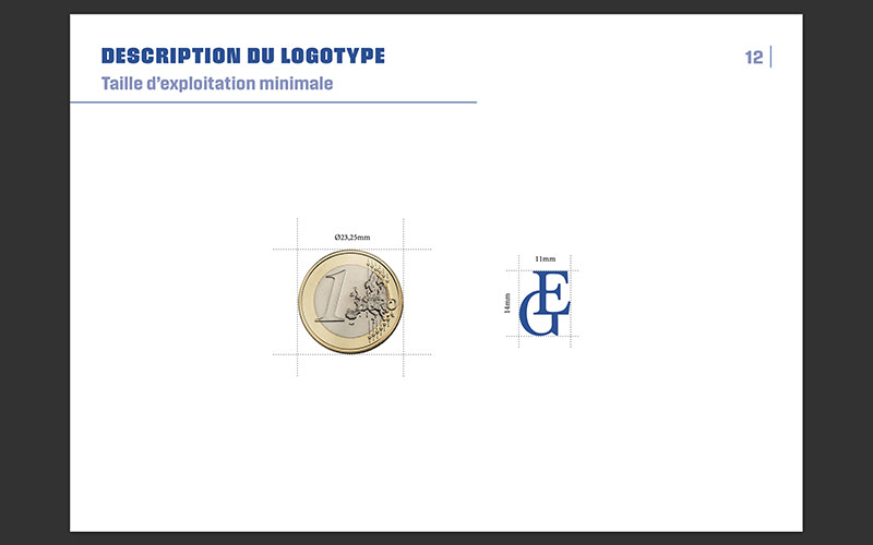 Présentation de la taille d’exploitation minimale du logotype « EG ». À gauche, une pièce d’un euro (Ø 23,25 mm) sert de repère visuel. À droite, le logotype est affiché à sa taille minimale autorisée : 11 mm de hauteur et 11 mm de largeur.
